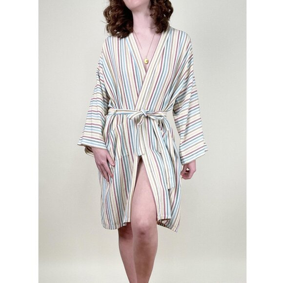 Vintage Rainbow Striped Robe Duster Cardigan Light House Coat Jacket PJs Pajamas - Picture 1 of 10